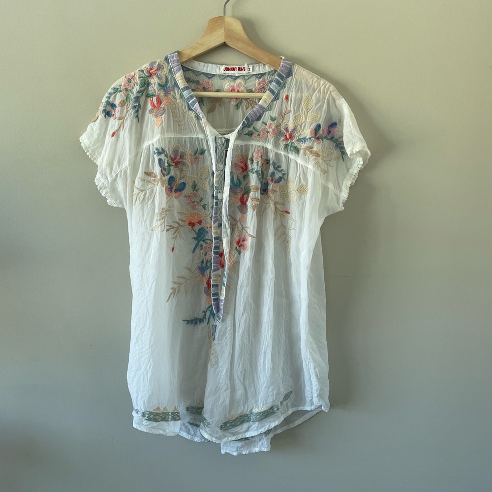 JOHNNY WAS Embroidered Tie Neck Top